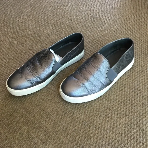 Vince Metallic Grey Leather Slip-Ons - Picture 2 of 3